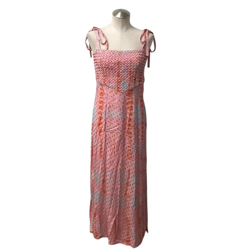 Atelier 1756 Maxi Dress Womens XS Pink Polka Dot Smocked Bodice Tie Shoulder